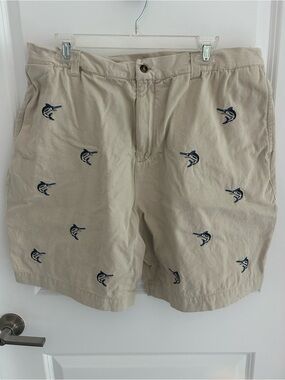 Men's Beige Embroidered Marlin Flat-Front Shorts